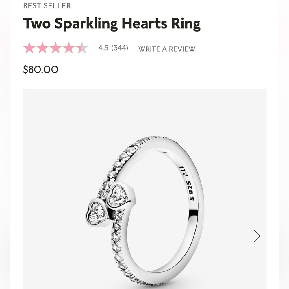 PANDORA Two Sparkling Hearts Ring Size 6